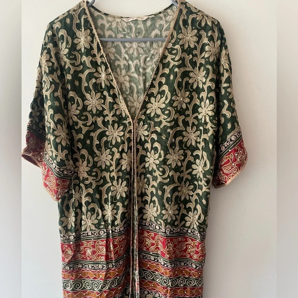 Soft Surroundings Long Cardigan Kimono Paisley Floral‎ Embroidered Sequins Saree